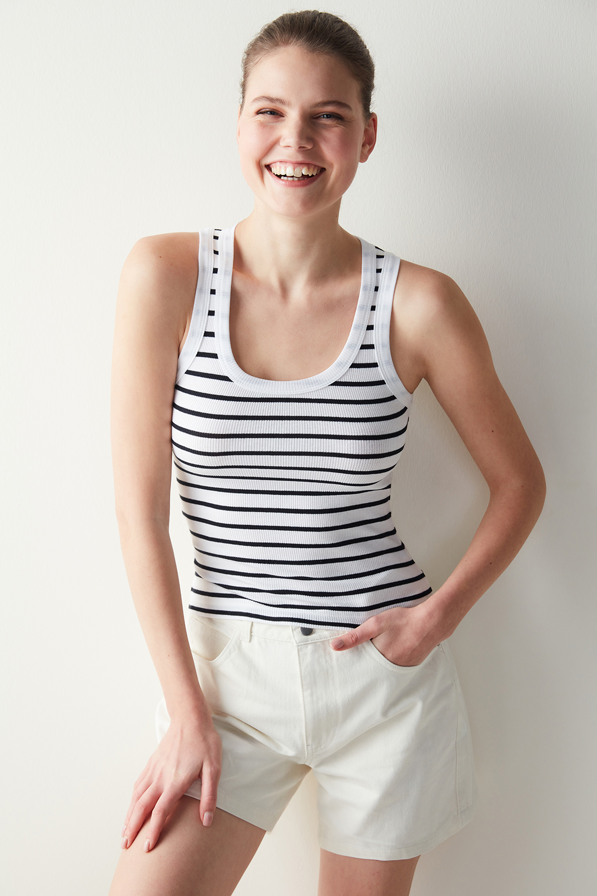 White Striped Slim Fit Ribbed Undershirt