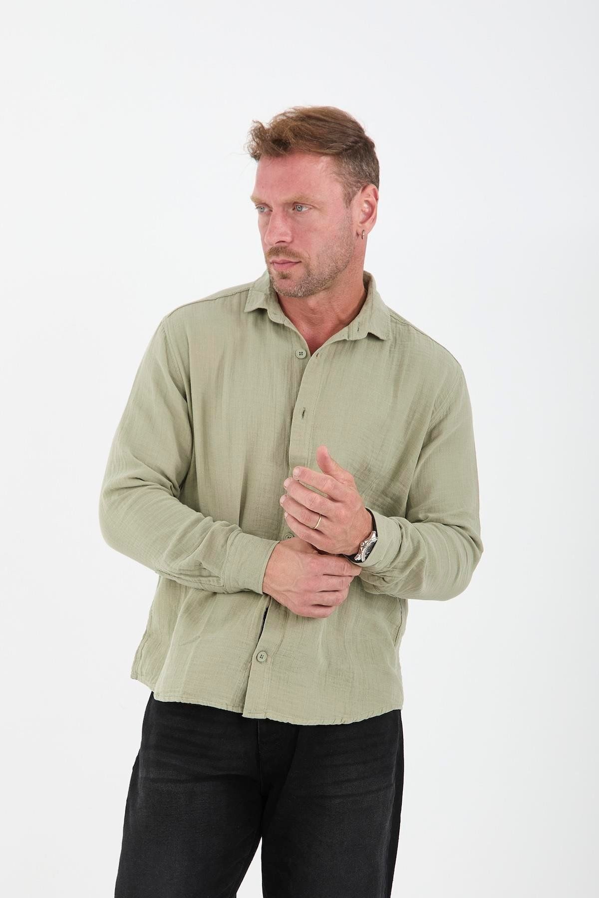 Valiberta-Breathable Muslin Fabric Long Sleeve Collared Men's Shirt - Light Khaki 1