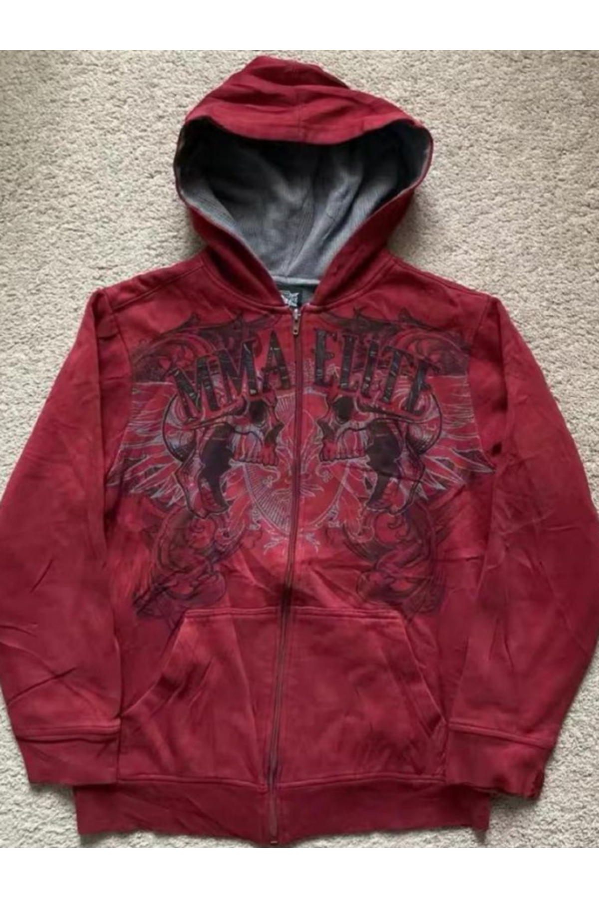 DEEFWEAR Kırmızı Skulls MMA Elite Cyber Grunge Fermuarlı Kapüşonlu Sweatshirt