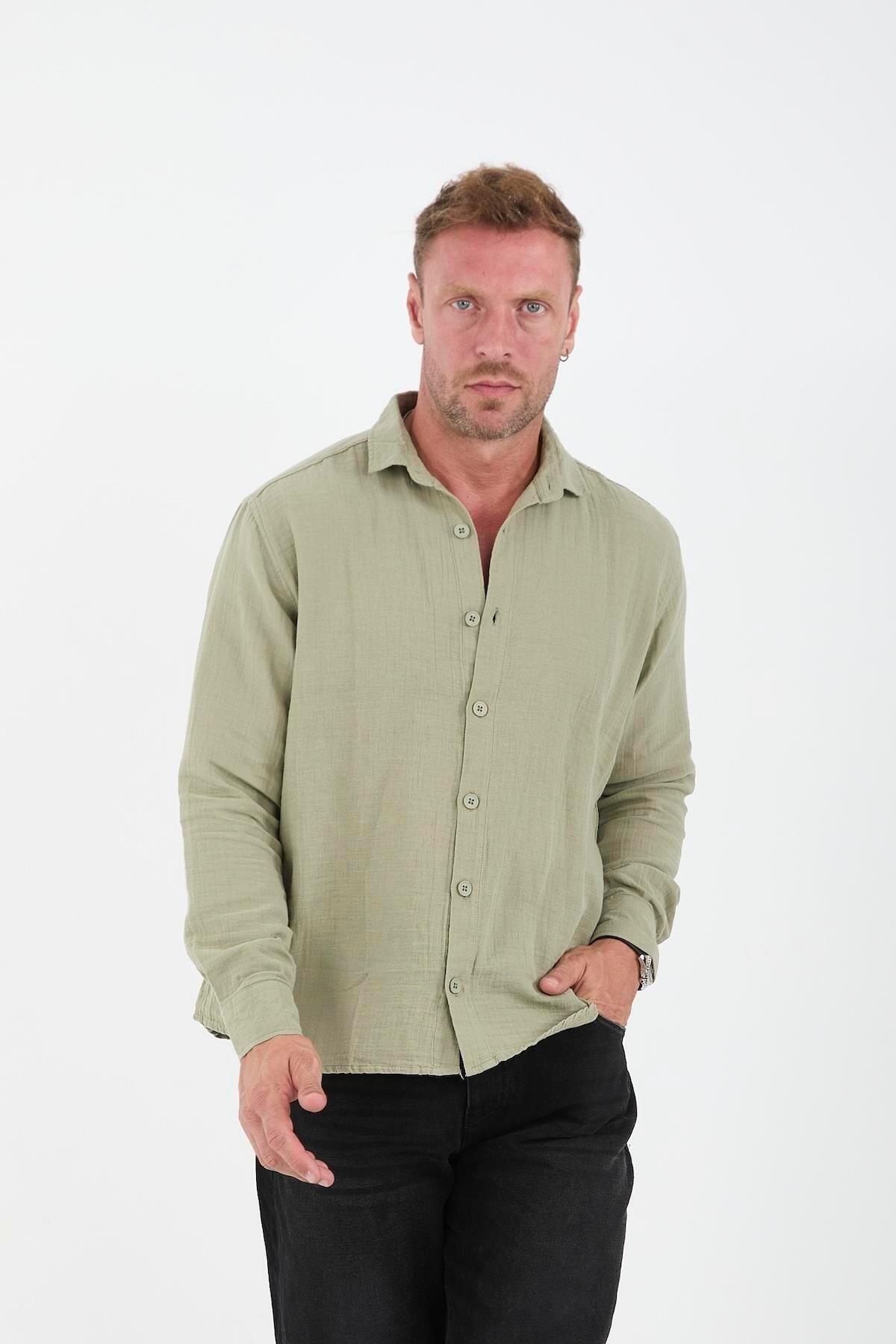 Valiberta-Breathable Muslin Fabric Long Sleeve Collared Men's Shirt - Light Khaki 3