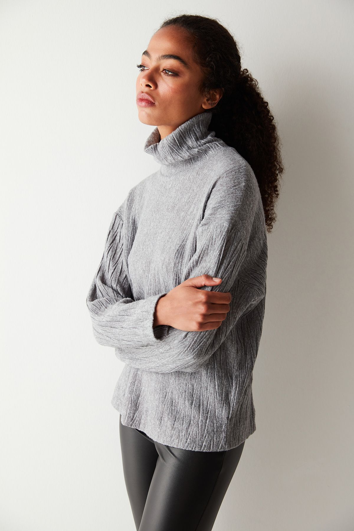 Penti-Gray Turtleneck Textured Long Sleeve Top 3