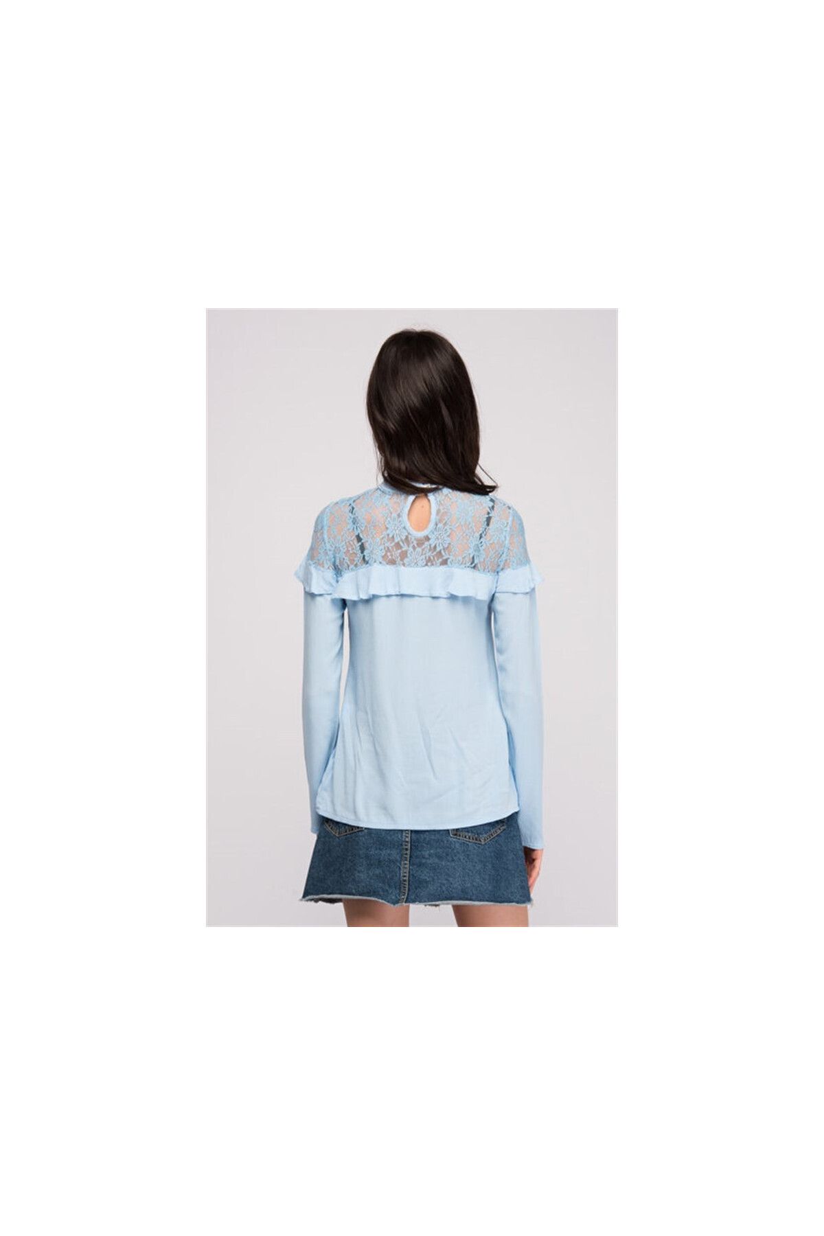 Cotton Mood-8139329 Sile Cloth Ruched Shoulders Tulle Ruffle Blouse Blue 3