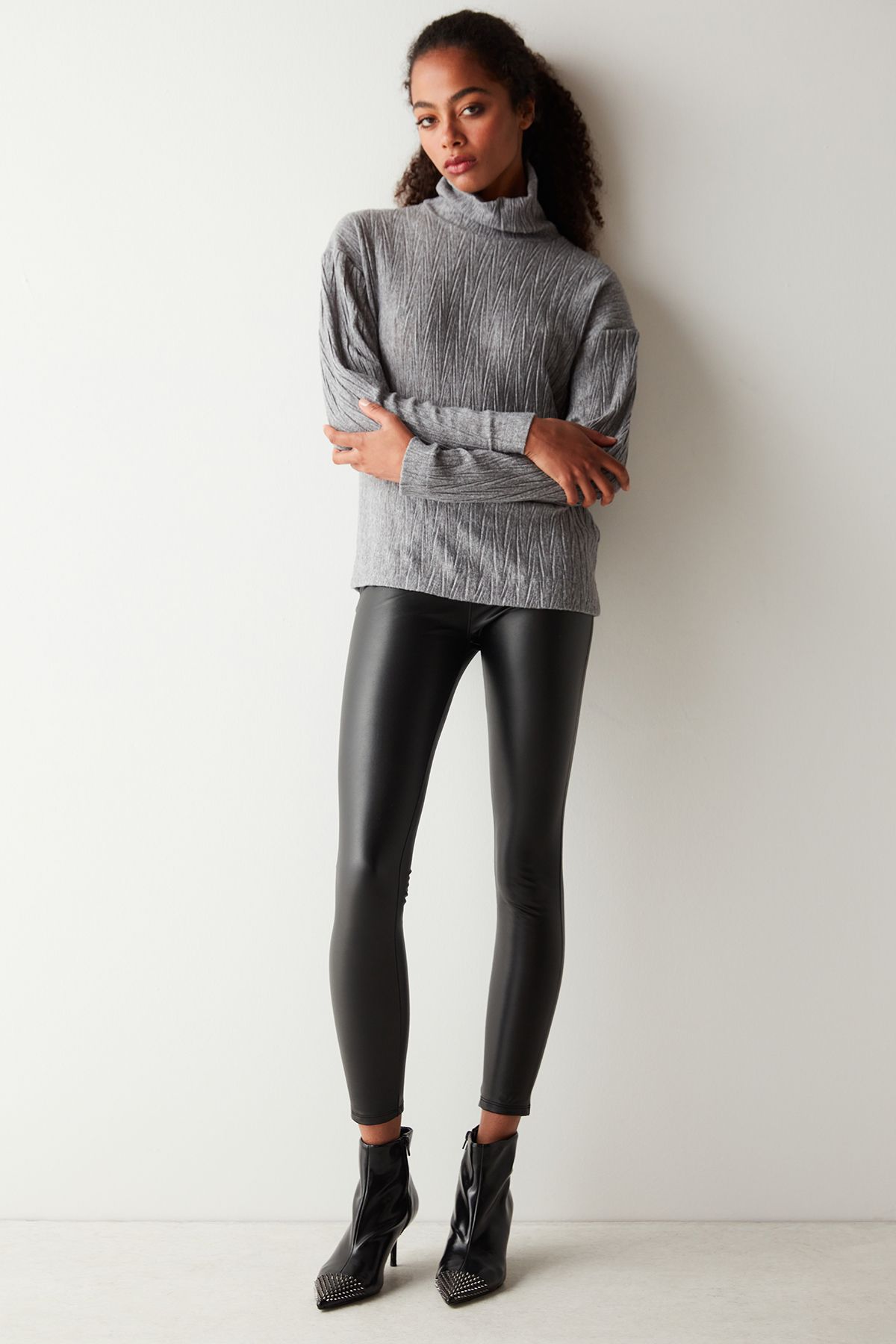 Penti-Gray Turtleneck Textured Long Sleeve Top 4