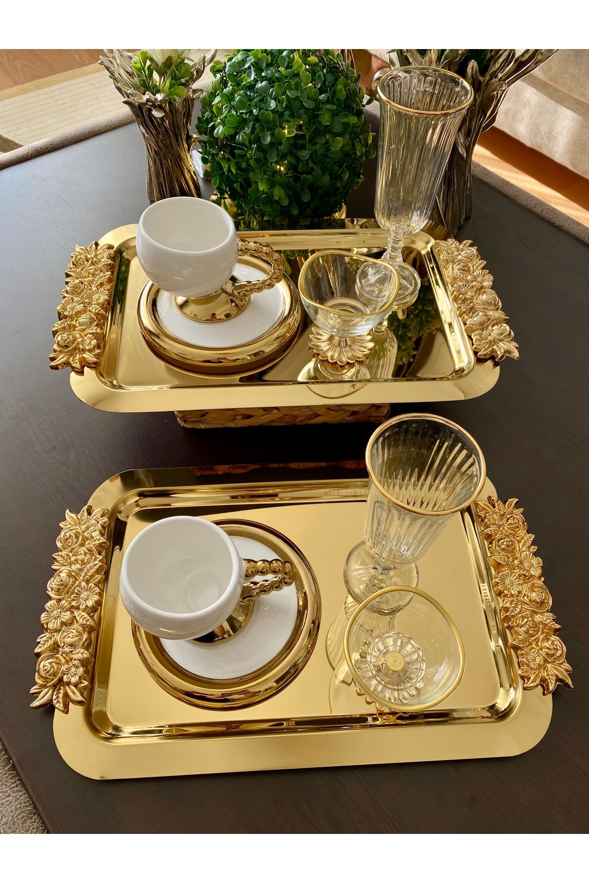 atabey home collection-2 Pcs Coffee & Tea & Presentation Tray Long Gold Rose Tray 30 cm 5