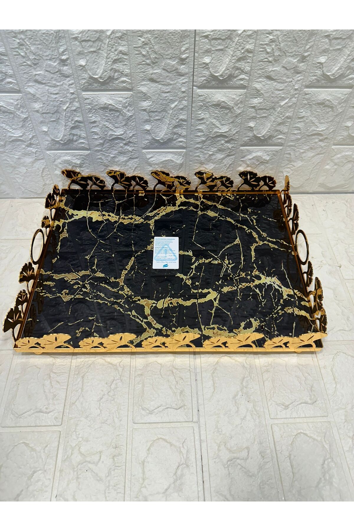 TEPSİ DİKDÖRTGEN BÜYÜK  GOLD METAL CAM 40 x 30 cm
