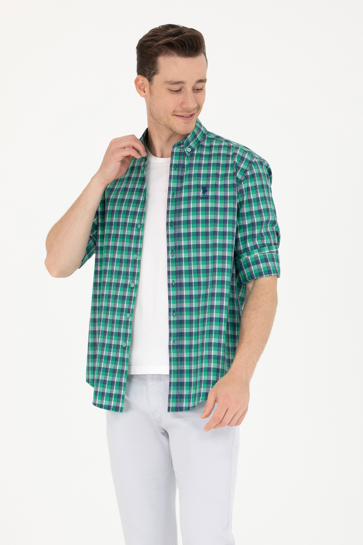 یو اس پولو پیراهن مردانه چهارخانه سبز 50231413-VR054