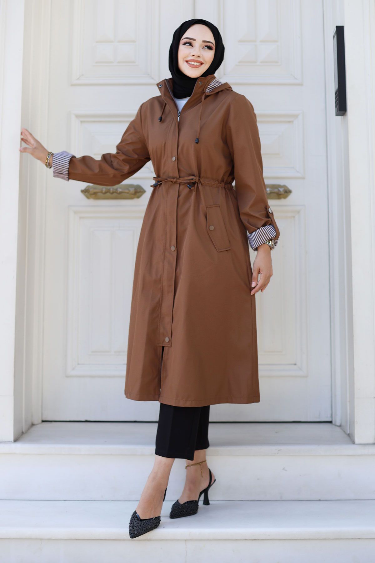 Tesettür Dünyası-Trench Coat - Front Snap, Striped, Brown Tsd 240926 3