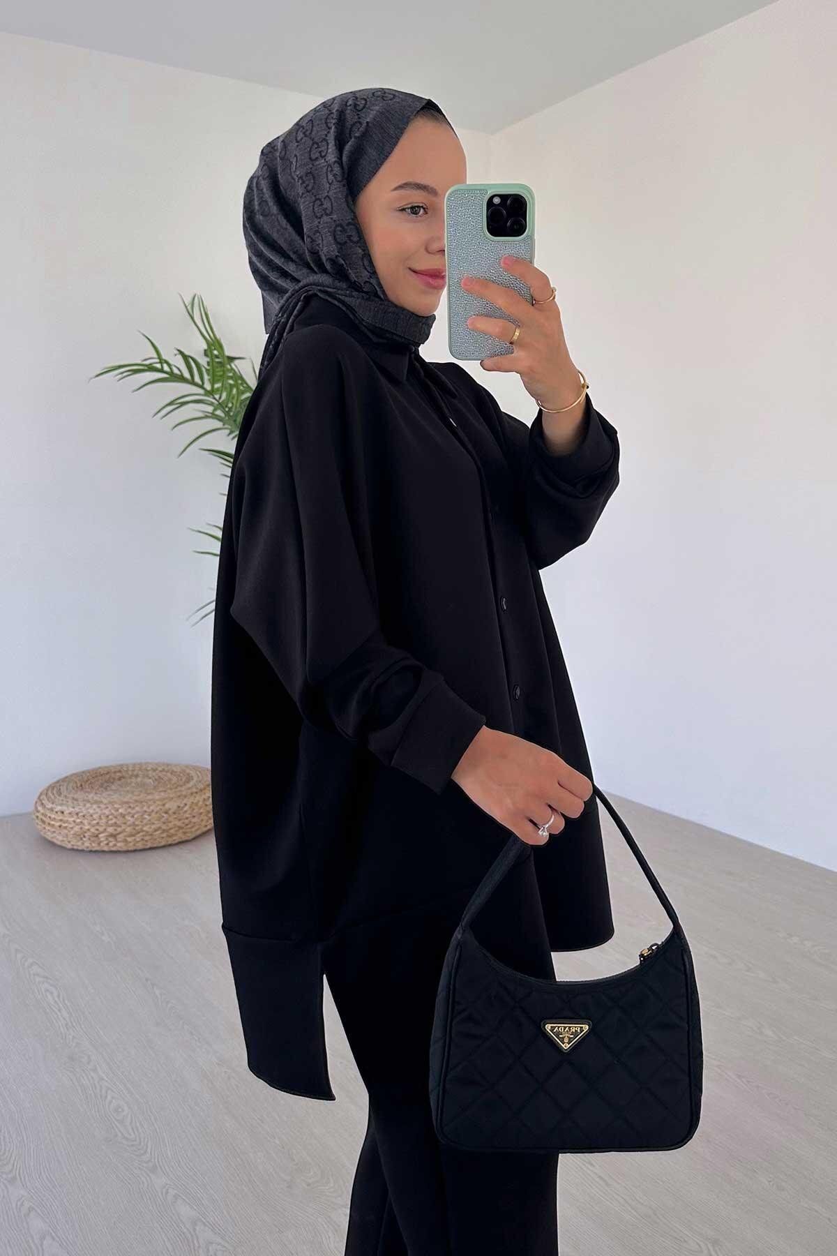 Ka Hijab-Black Modal Shirt Collar Side Slit Set 3