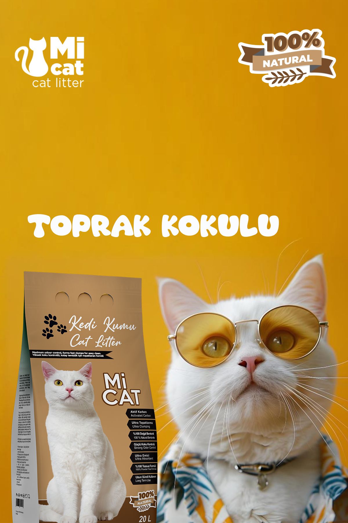 Mİ CAT 20 Litre Toprak Kokulu Kedi Kumu Koku Hapseden Aktif Karbonlu Süper Topaklanan Ve Tozsuz