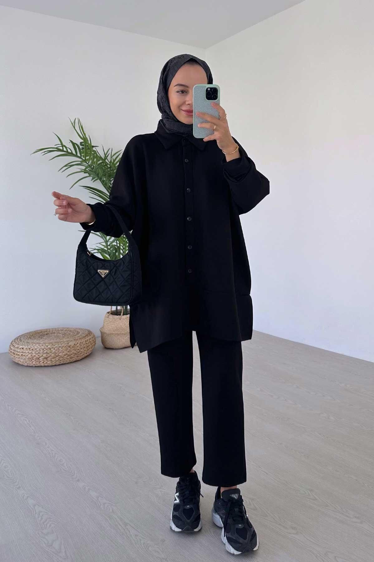 Ka Hijab-Black Modal Shirt Collar Side Slit Set 1