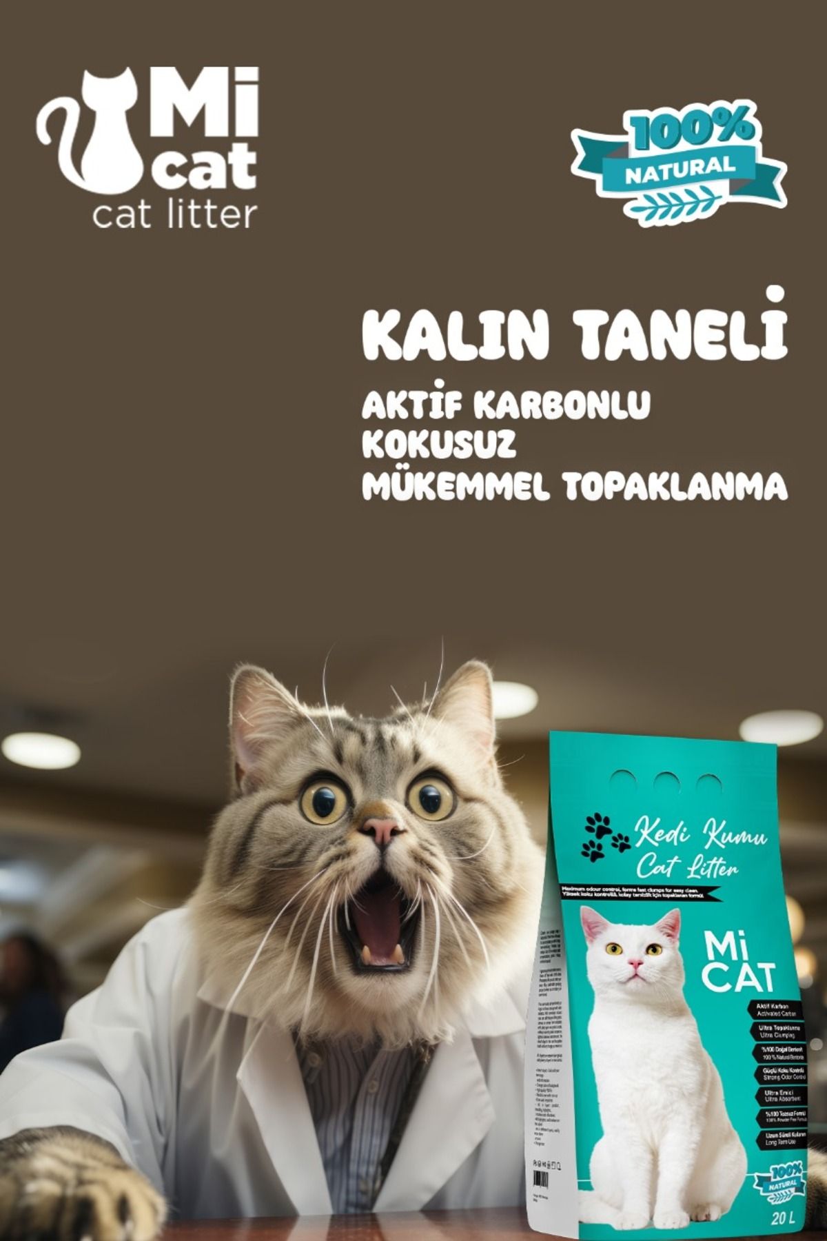 Kalın Taneli Tozsuz 20 Litre Aktif Karbonlu Kokusuz Doğal Bentonit Kedi Kumu Süper Topaklanan