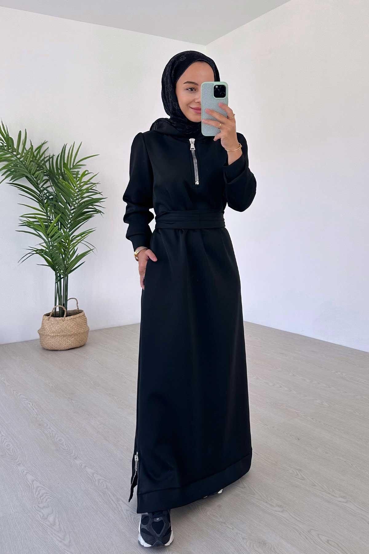 Ka Hijab-Zipper Detail Hooded Scuba Dress - Black 1