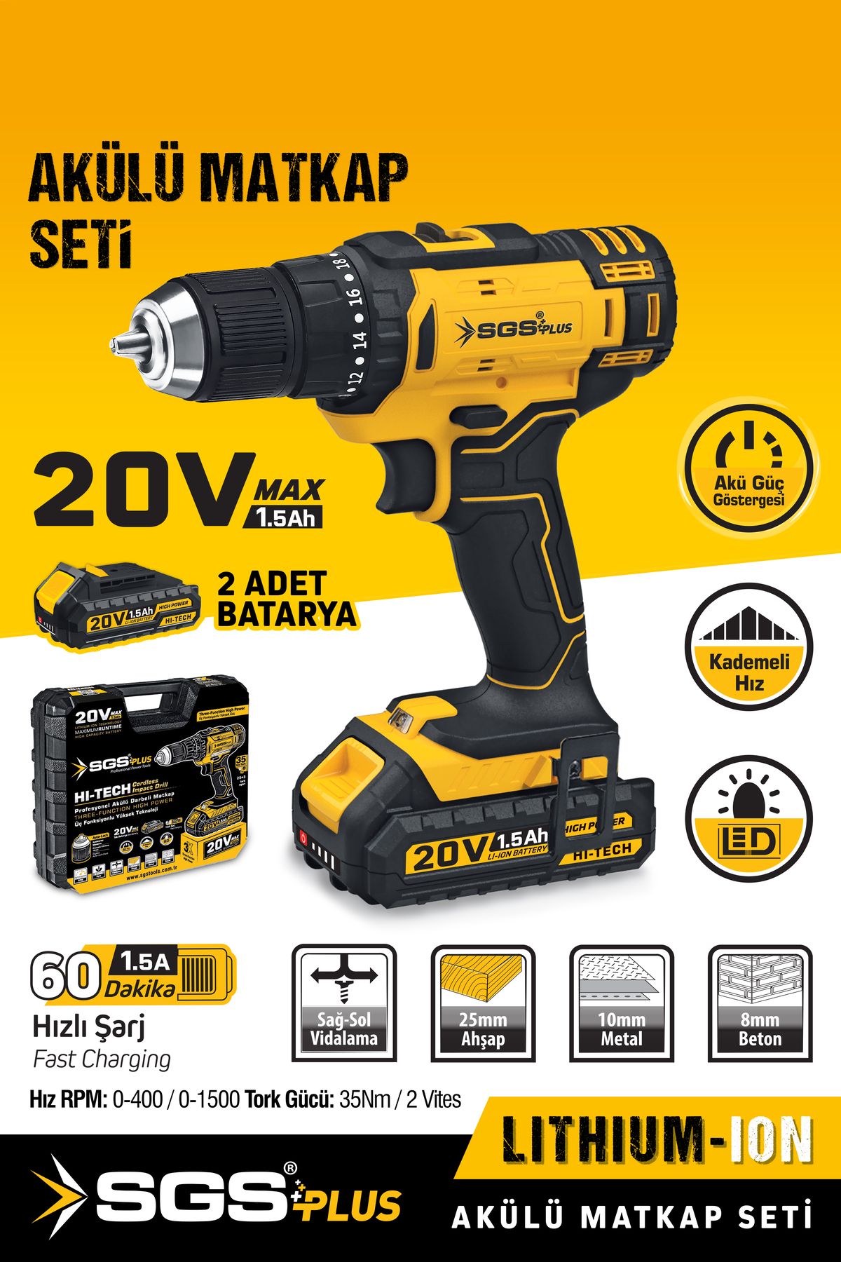 Elioure 20V 1.5Ah Akülü Matkap Vidalama Seti Çift Akülü 35 Nm Tork
