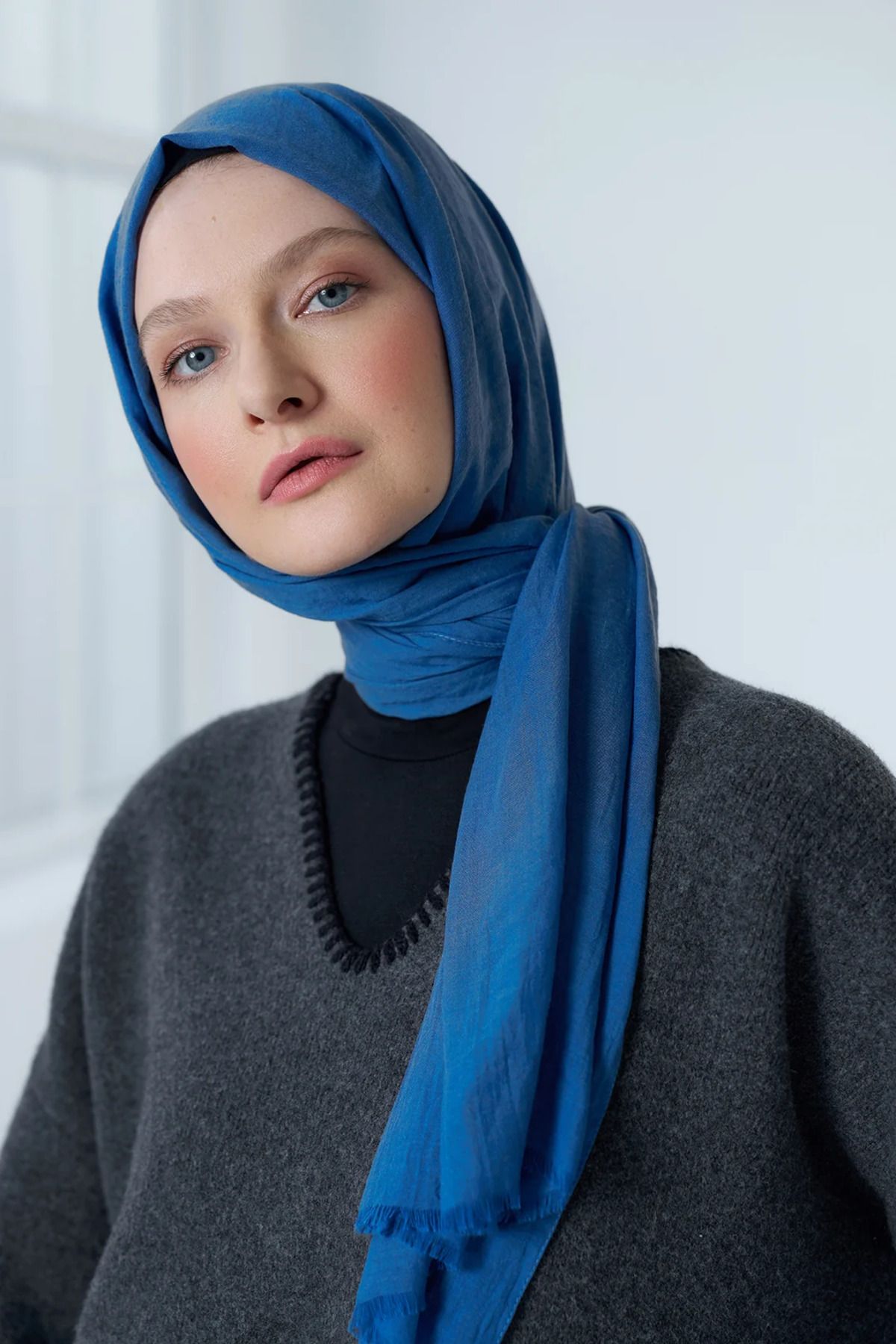 Modakaşmir-Neo Cotton Shawl Saks Blue 5