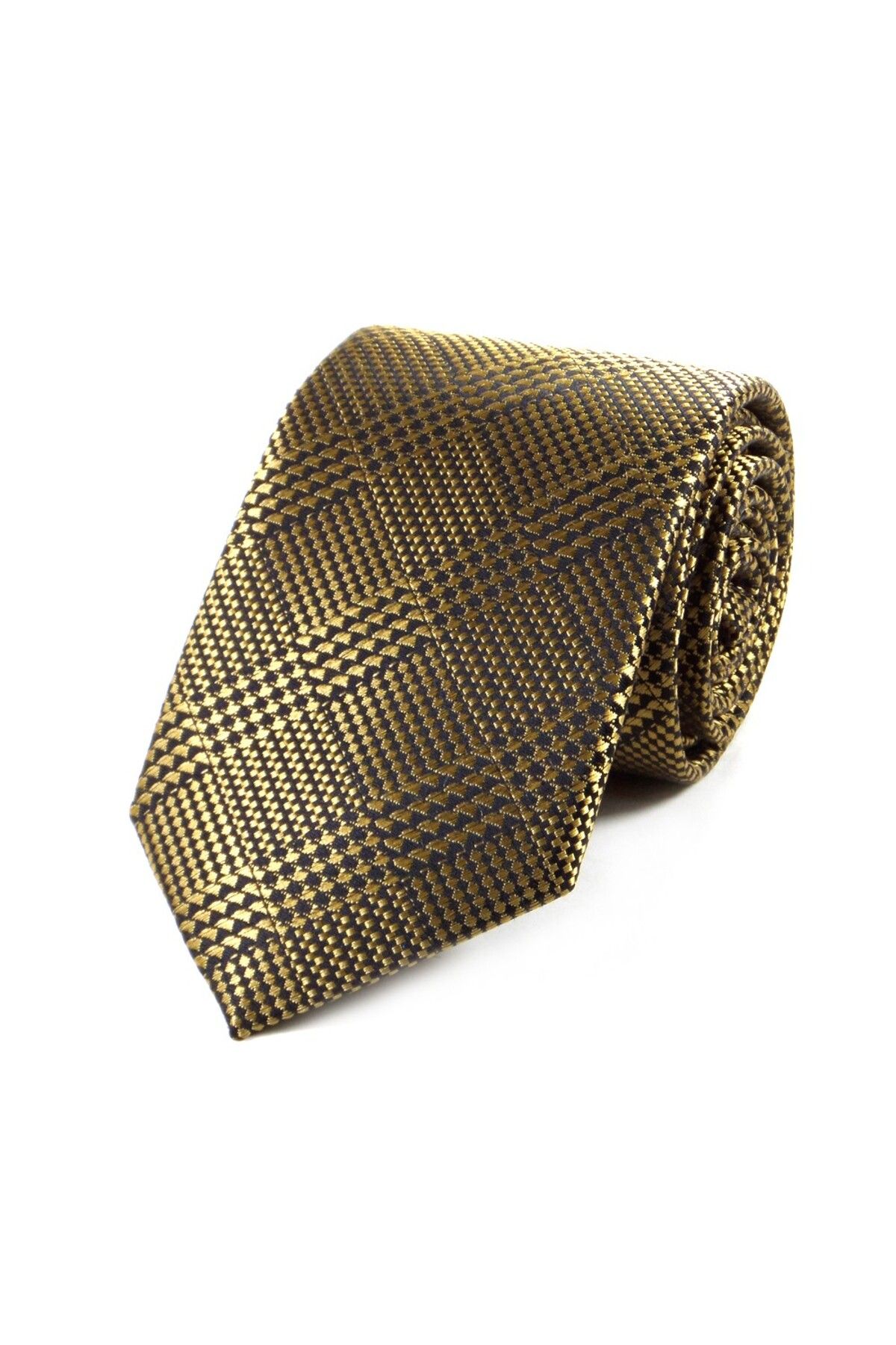 Sade Kravat-28973 Model Yellow Black Square Patterned Mustard Tie 1