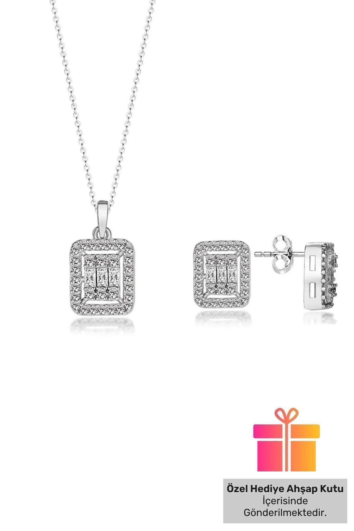 Lucente Jewellery Hediye Kutulu Baget Taşlı İkili Pırlanta Gümüş Set Kolye & Küpe Zarif Hediyelik Takım Set