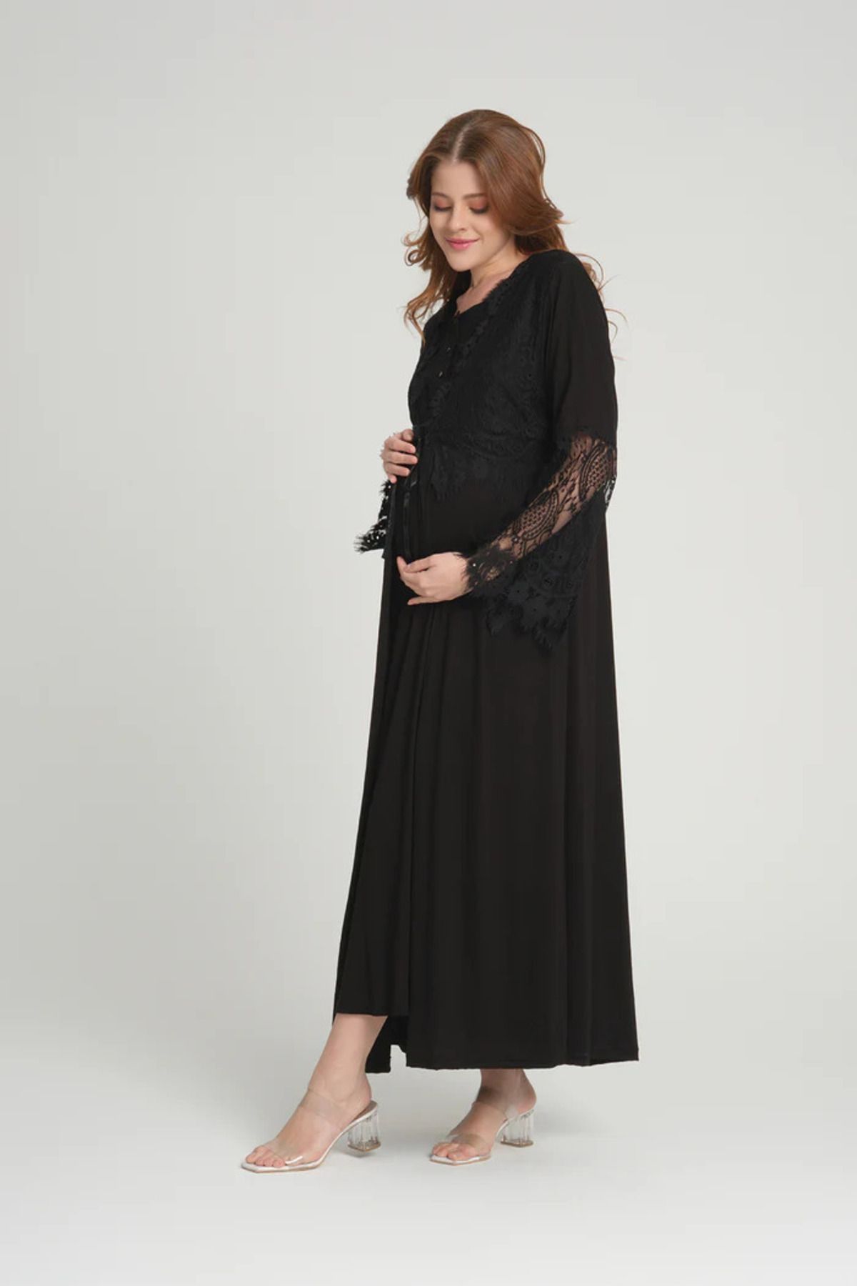 CT MODA-Women's Black Lace Design Full Length 100% Cotton Maternity Maternity Dressing Gown Nightgown Set 3