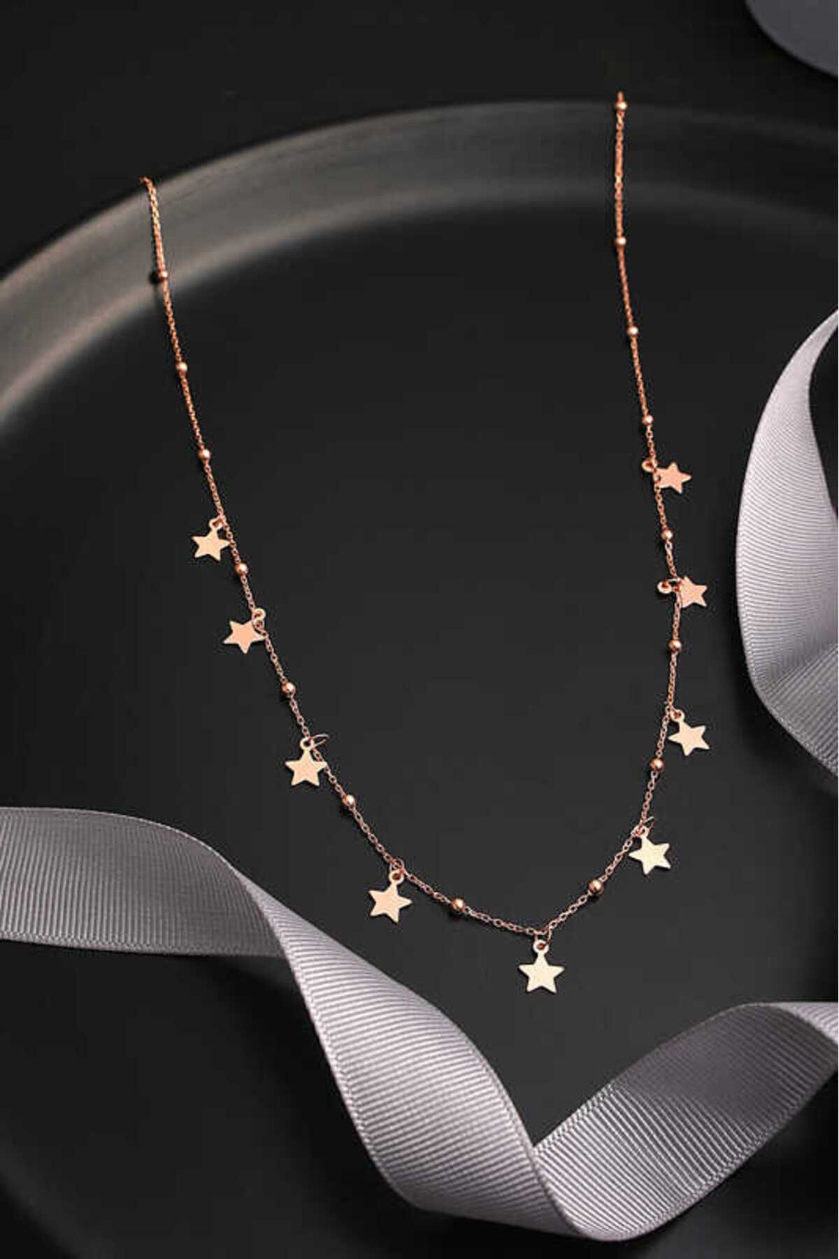 BAZAARİO 925 Ayar Gümüş Rose Yıldızlı Dorika Kadın Gümüş Kolye