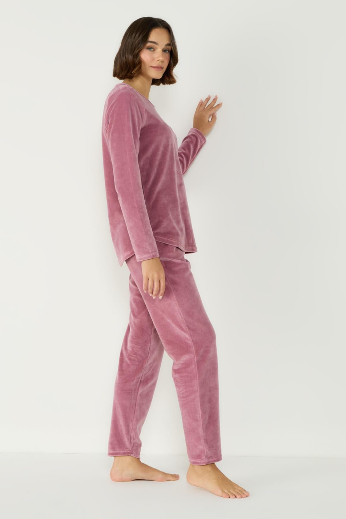 C&City-Pink Velvet Crew Neck Long Sleeve Pajama Set - 403080 5