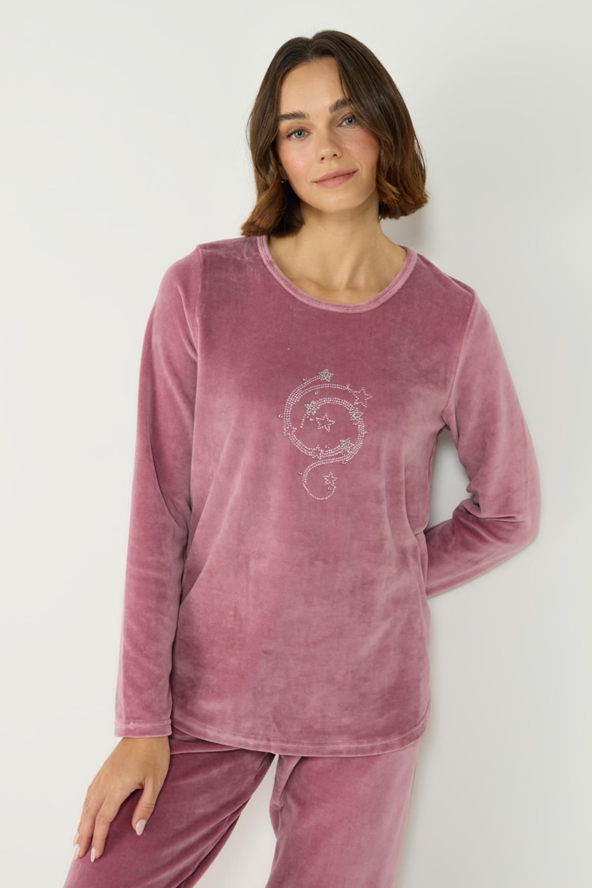 C&City-Pink Velvet Crew Neck Long Sleeve Pajama Set - 403080 3