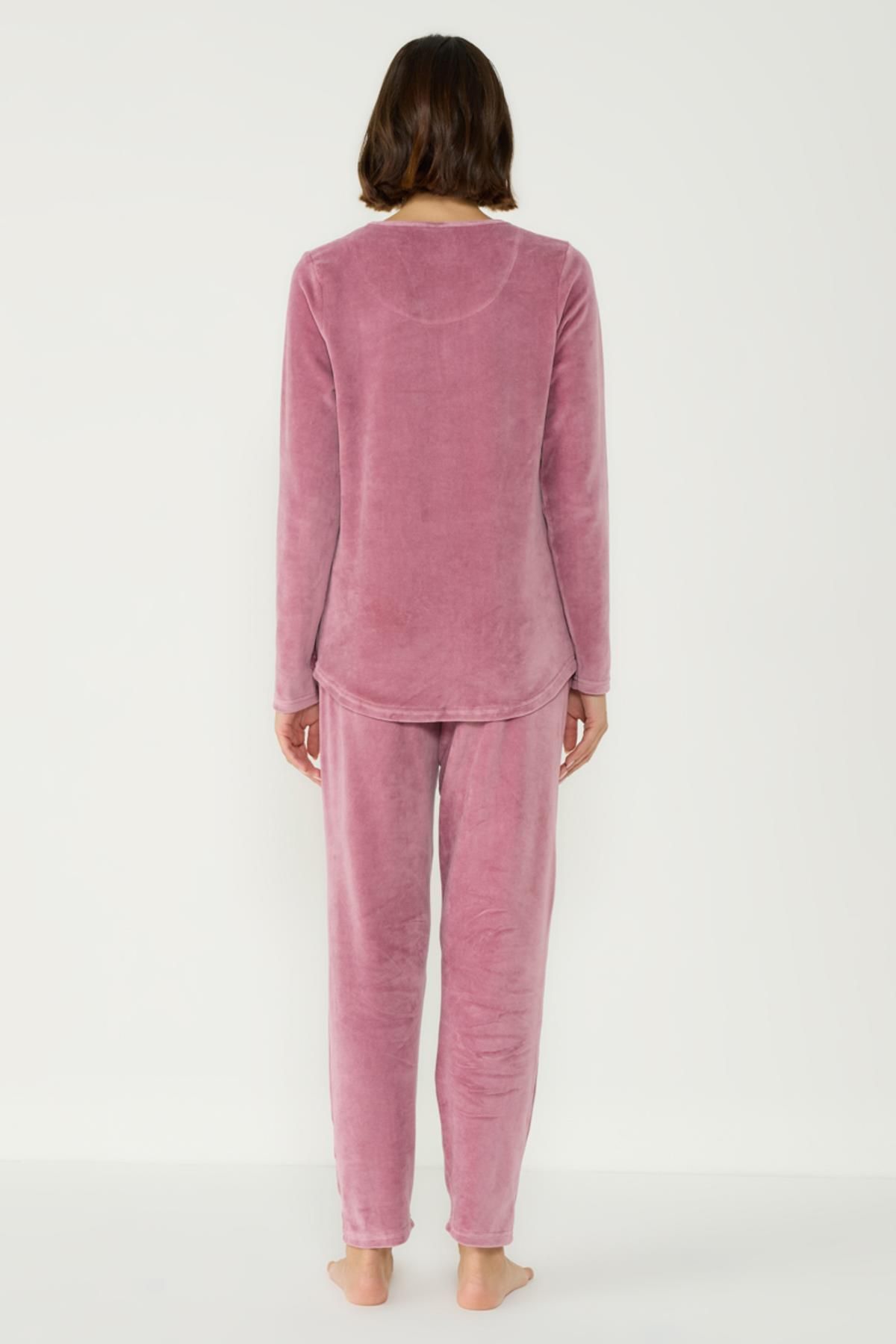 C&City-Pink Velvet Crew Neck Long Sleeve Pajama Set - 403080 6