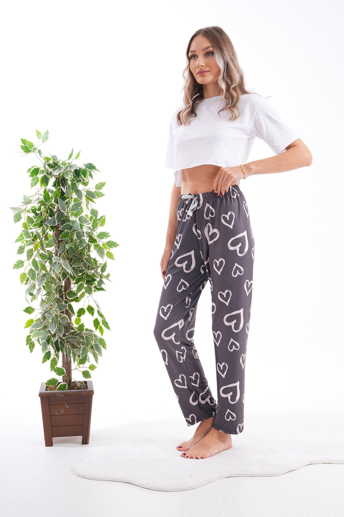 Arvin Pijama-Heart Patterned Soft Textured Elastic Waist Lycra Pajama Bottom 4
