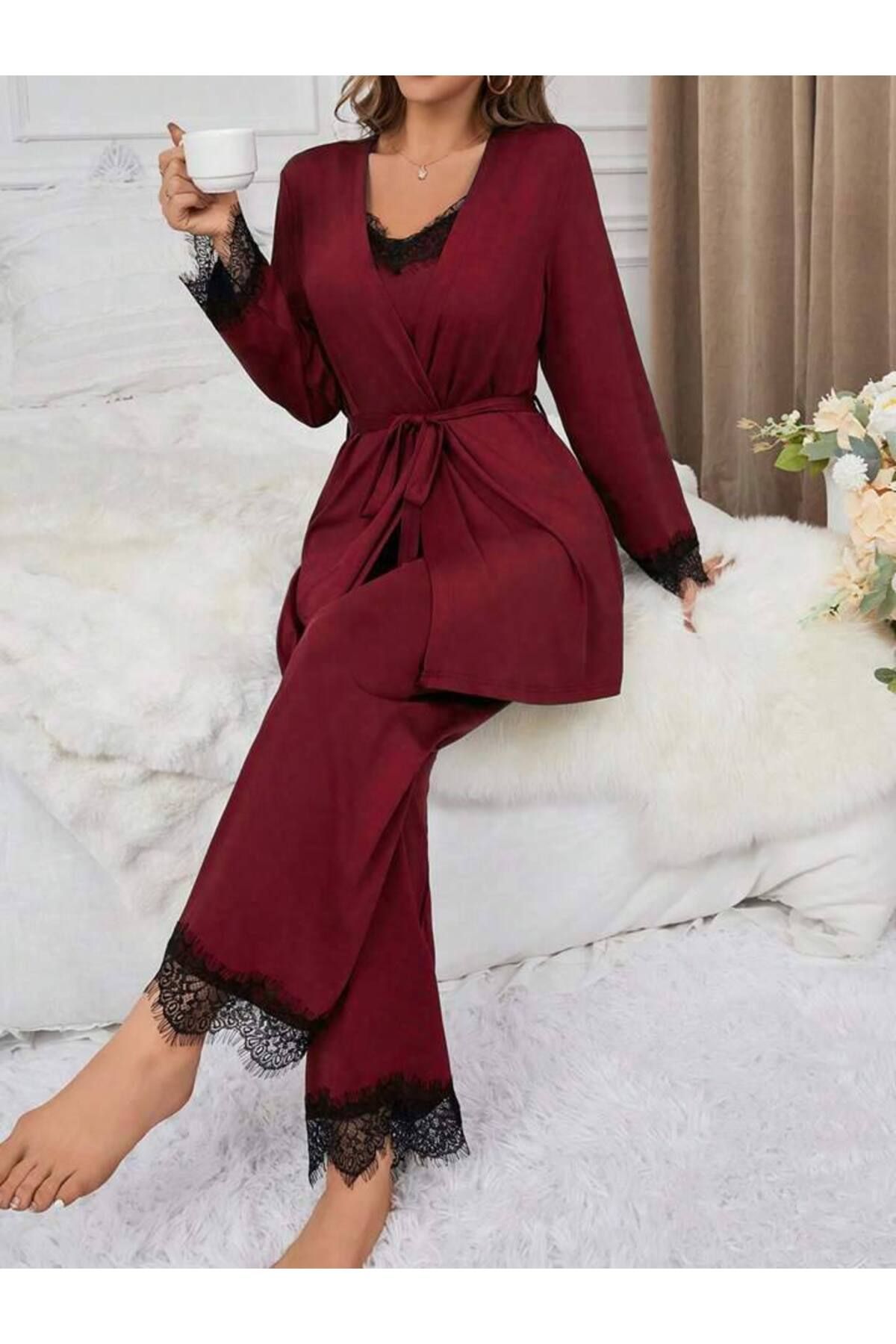 BLACK-Claret Red Dressing Gown Athlete Pajamas - 3-Piece Women's Set 001 2