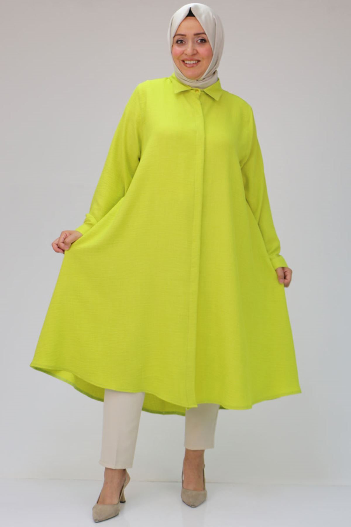 Eslina-38038 Large Size Lemon Green Linen Tunic - Mevlana Shirt 1