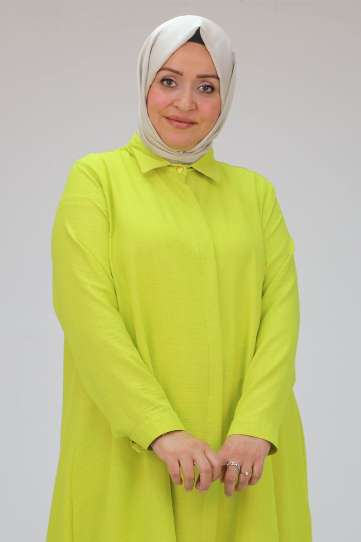 Eslina-38038 Large Size Lemon Green Linen Tunic - Mevlana Shirt 2