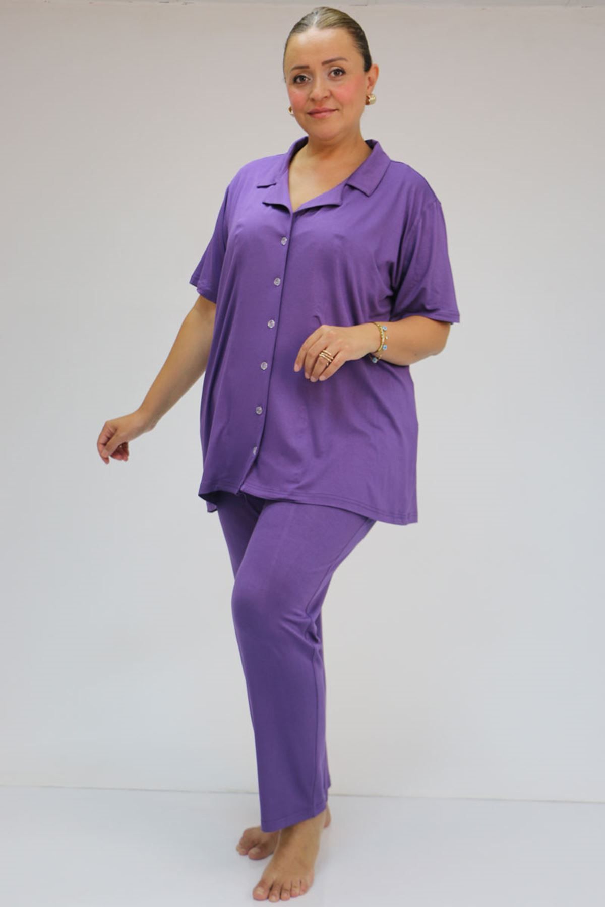 Eslina-37801 Plus Size Viscose Pajama Set - Buttoned and Assorted - Lilac 1
