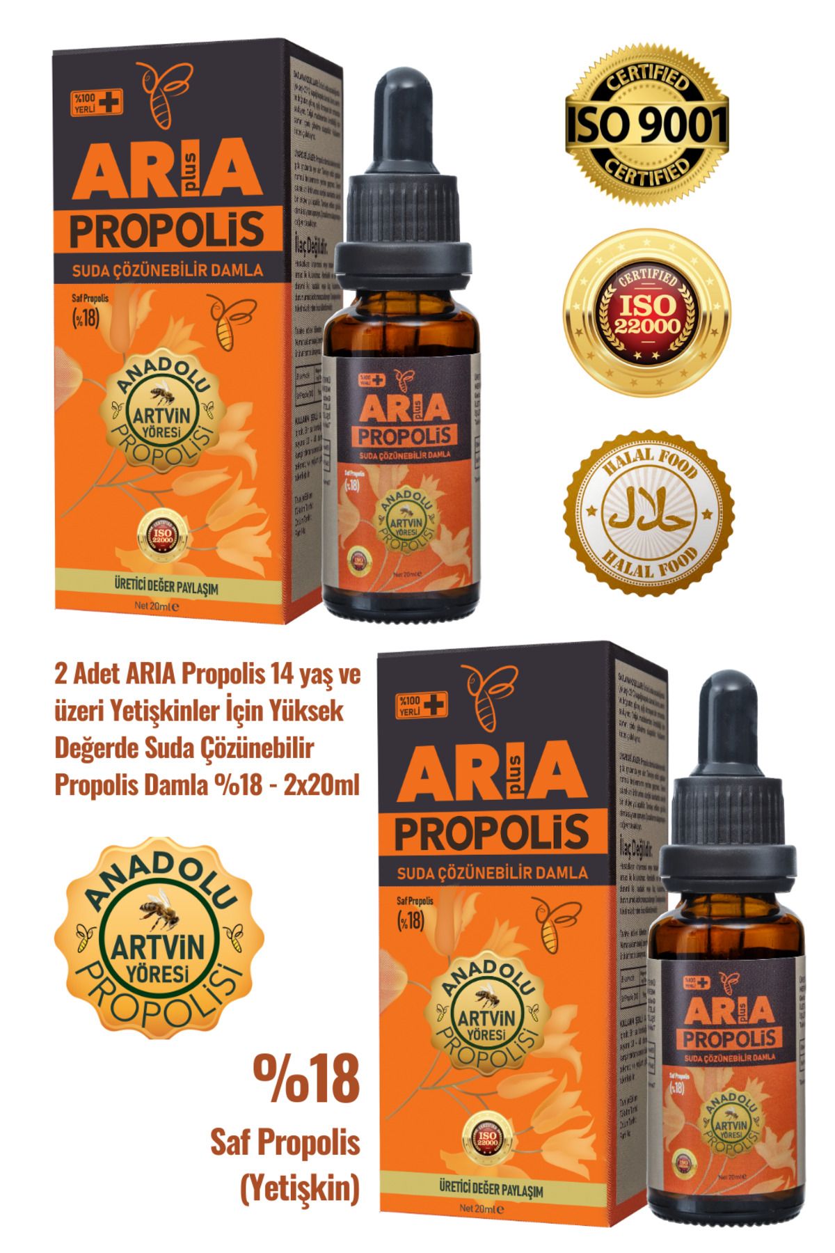 ARIA Propolis 2 Adet Yetişkinler İçin Suda Çözünebilir Yüksek Değerde Propolis Damla %18 - 2x20ml