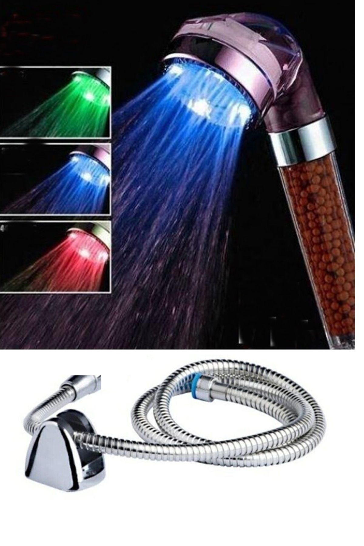 FAYMEM GLOBAL Renk Değiştiren Led Işıklı Duş Başlığı Seti- Hortum Askı Seti (Pilsiz- Elektriksiz)