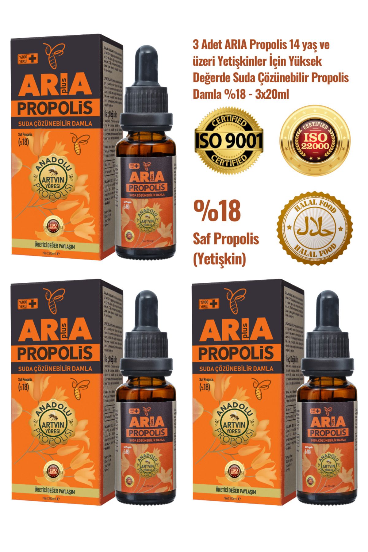 ARIA Propolis 3 Adet Yetişkinler İçin Suda Çözünebilir Yüksek Değerde Propolis Damla %18  3x20ml