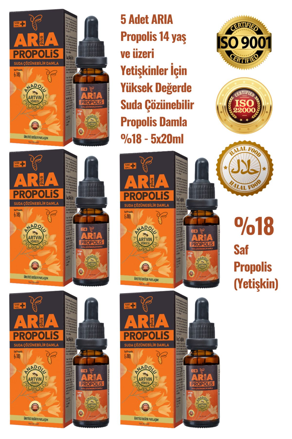 ARIA Propolis 5 Adet Yetişkinler İçin Suda Çözünebilir Yüksek Değerde Propolis Damla %18 - 5x20ml