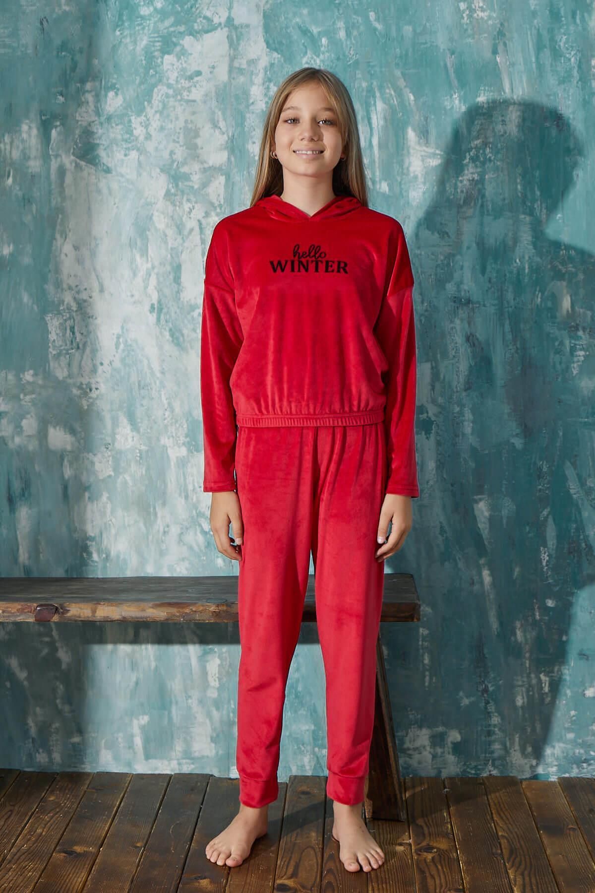 Pijamaevi-Rotes Winter-Pyjama-Set aus exklusivem Samt mit Muster für Mädchen 2