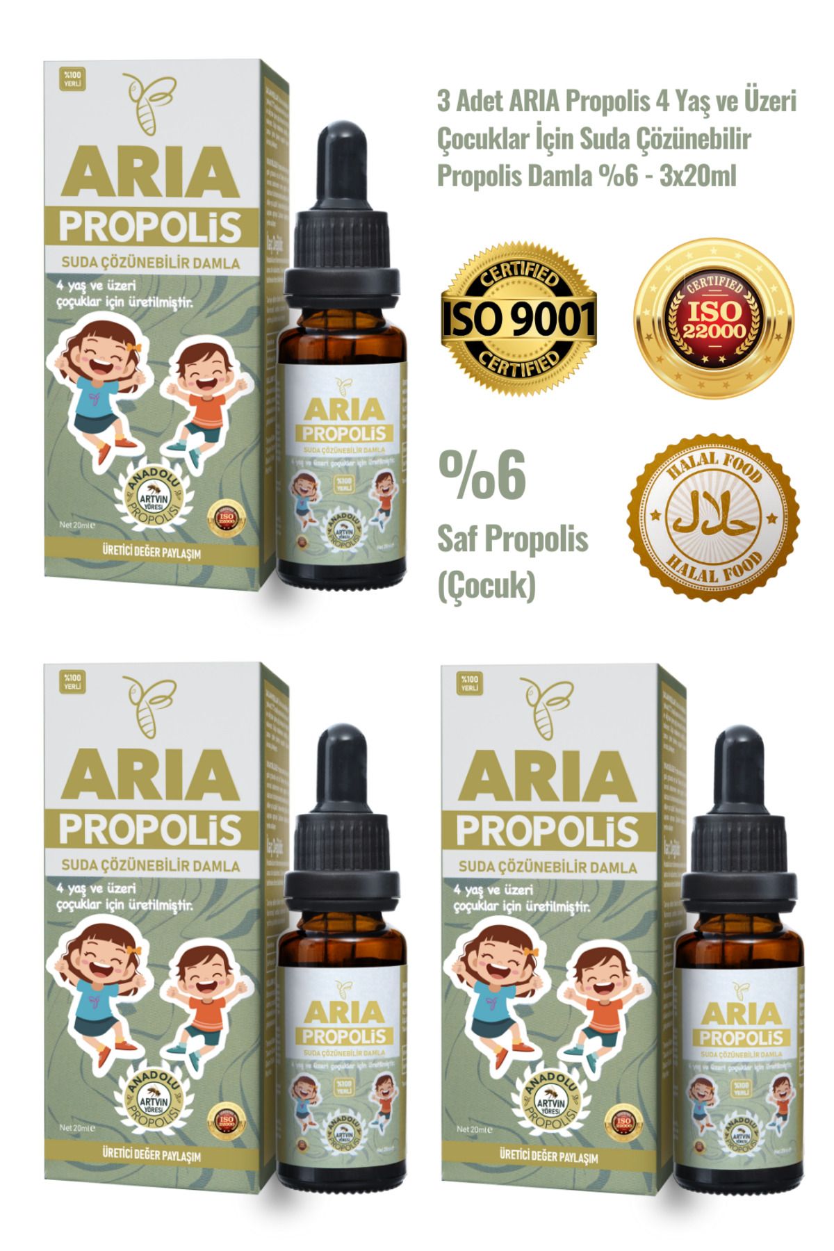 ARIA Propolis 3 Adet 4 Yaş ve Üzeri Çocuklar İçin Suda Çözünebilir Propolis Damla %6 - 3x20ml