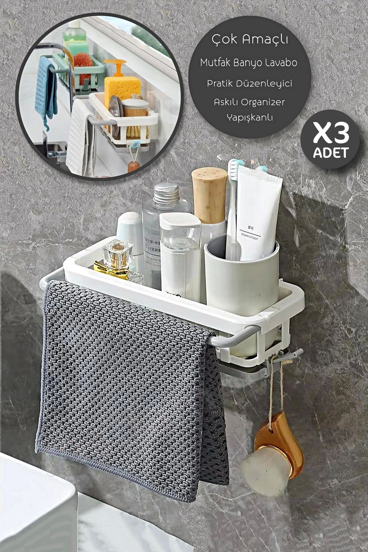 teknotrust 3'lü yapışkanlı dolap içi düzenleyici seti, mutfak ve banyo için ideal