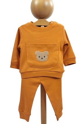 Genel Markalar Dokulu Ayıcık Turuncu Kanguru Cepli Bebek Alt - Üst 2'li Eşofm...