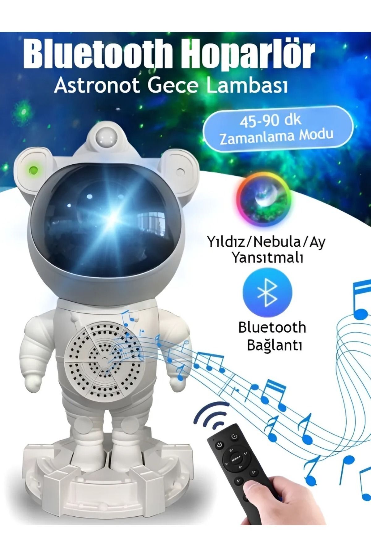 instatech Astronot Bluetooth Hoparlör Galaxy Bulutsusu Ay Tavan Gökyüzü Projektör Zamanlayıcı Gece Lambası