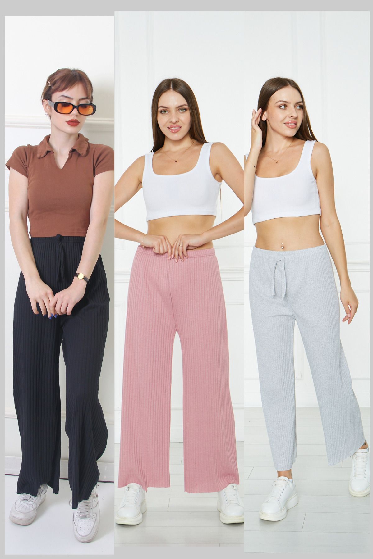 Rudaconcept Partea De Jos De Pijama Confortabilă 3 Buc, Cu Nervuri Și Partea De Jos De Pijama Din 3 Piese Femeie - L/XL