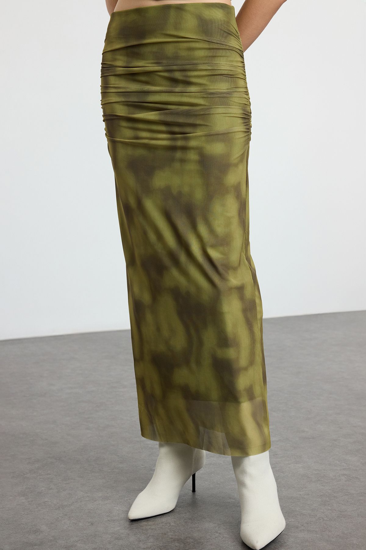 Trendyol Collection-Grüner drapierter Maxi-Tüll-Stretch-Strickrock TWOSS24ET00023 3