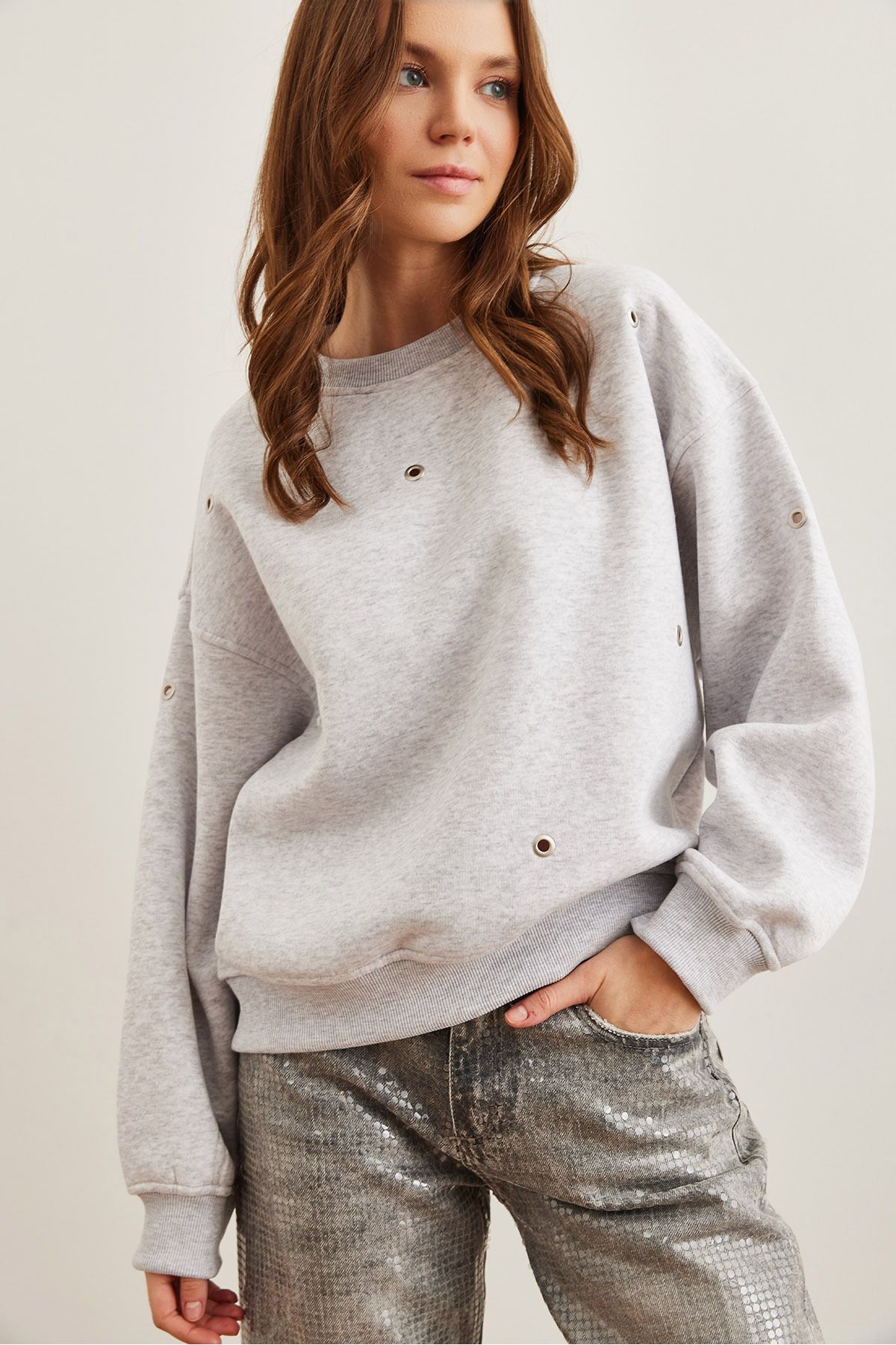 Olalook Graues Melange Bird Eye Premium Sweatshirt Swt- 19000672 für Damen - S