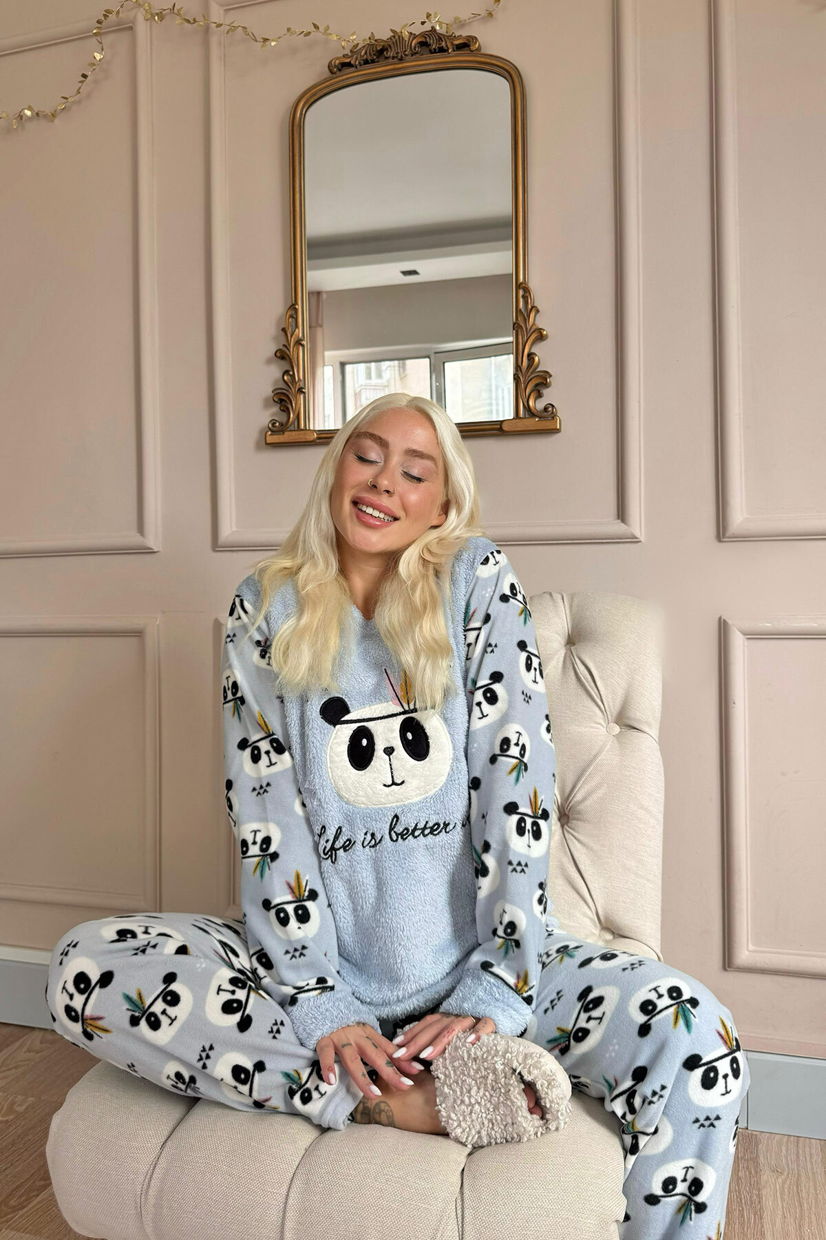 Pijamaevi-Dámský plyšový pyžamový set se vzorem Mavi Life Panda 4