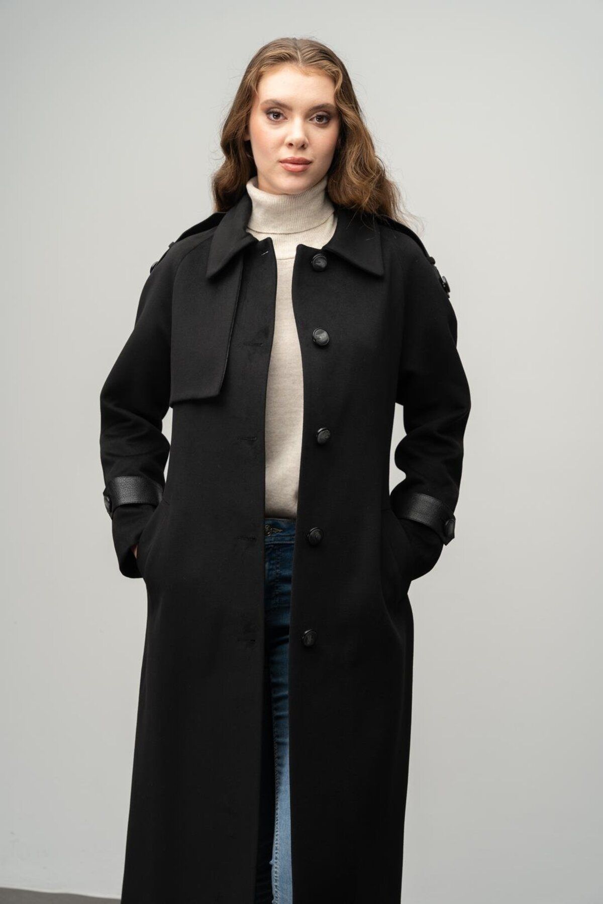 Olcay-Black Cashmere Coat - Genuine Leather, Intermediate Length, Waist Tied 3030-K 5