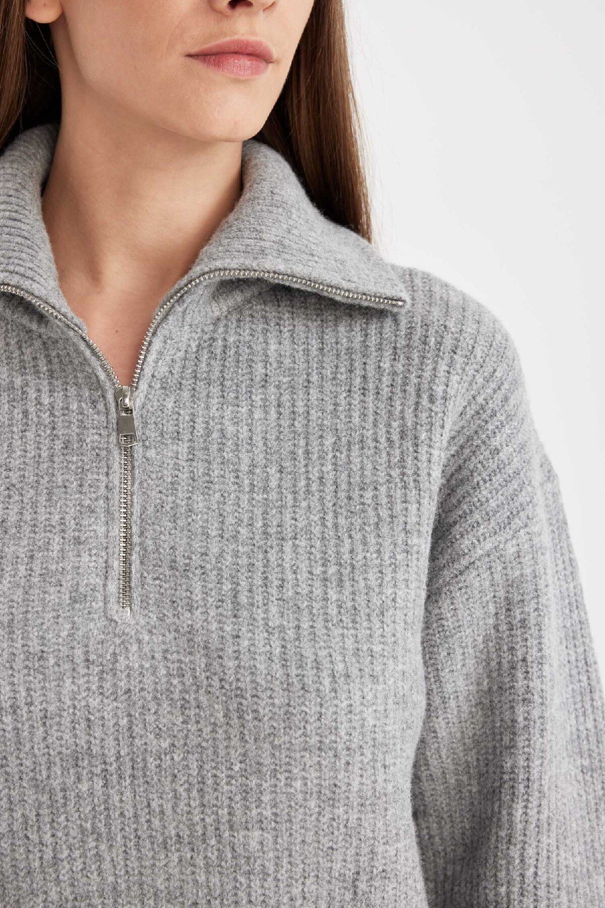 DeFacto-Gray Relax Fit Half Zippered Stand Collar Thessaloniki Fabric Sweater C9058Ax24Wn 5