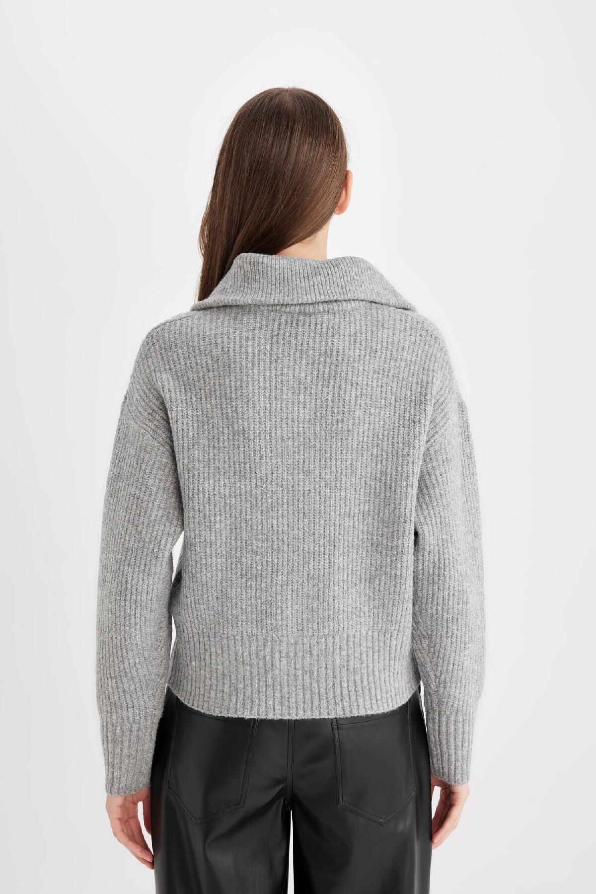 DeFacto-Gray Relax Fit Half Zippered Stand Collar Thessaloniki Fabric Sweater C9058Ax24Wn 6