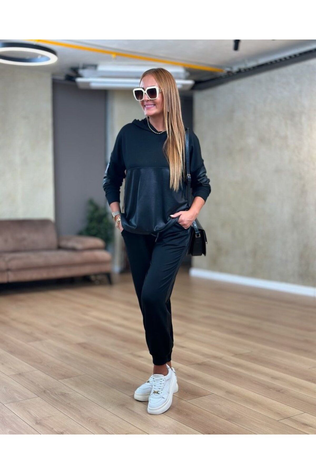 vivenza Kadın Uzun Kollu Kapüşonlu Oversize Sweat Ve Pantolon Ikili Takım
