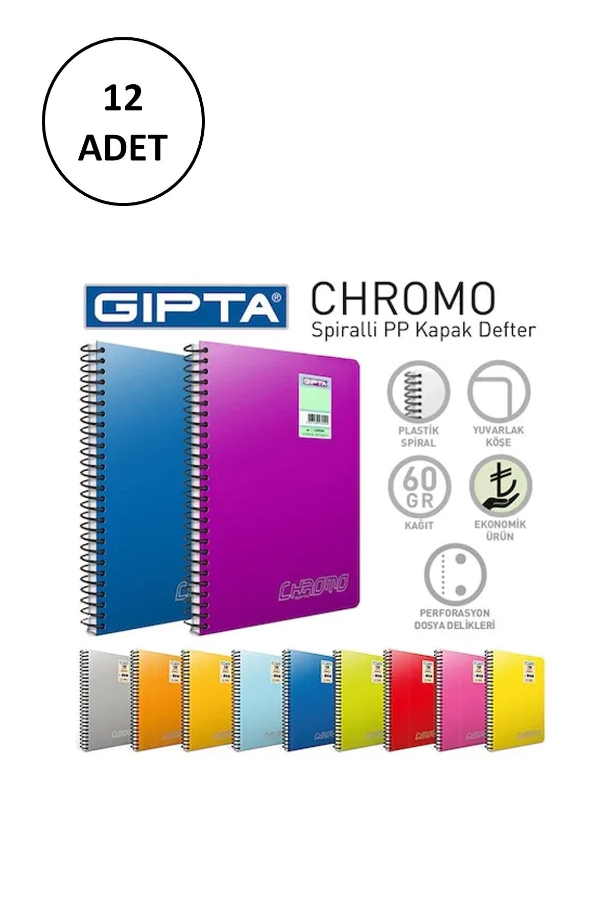 biltekno Chromo Spiralli Pp Kapak Defter A4-60 Yaprak Düz 12 Adet