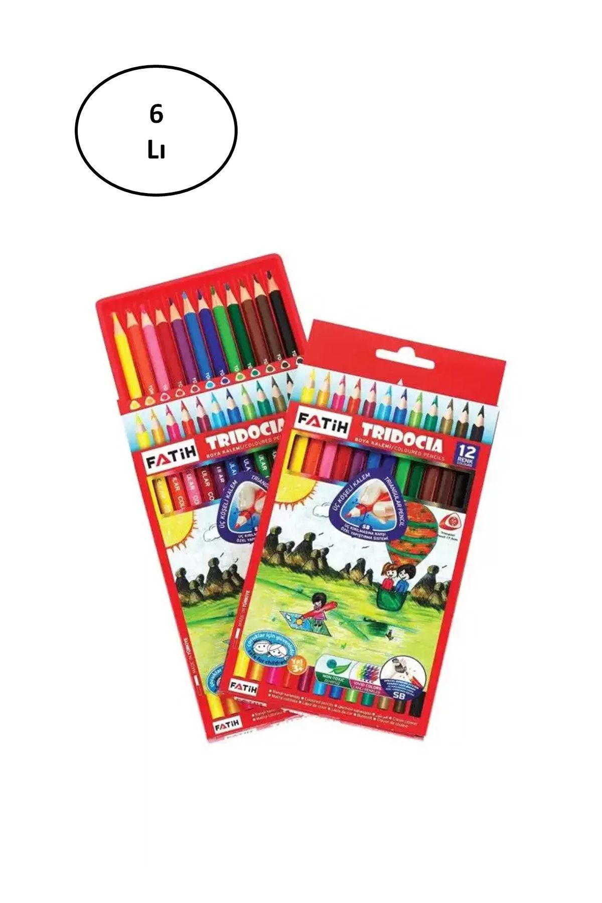 BirdoluSepet Fatih Kuru Boya Kalemi Tridocia Üçgen Mercanlı Tam Boy 12 Renk 6 lı