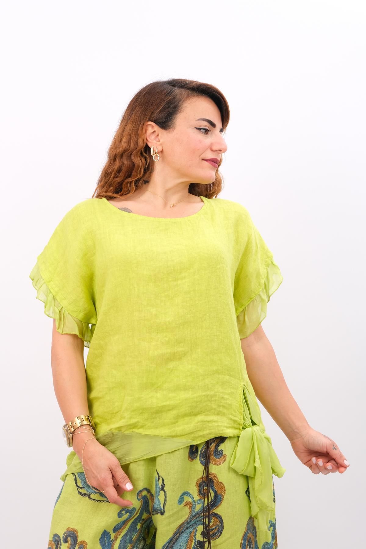 Modalook-Pistachio Green Linen Blouse - Silk Fabric Detail 1